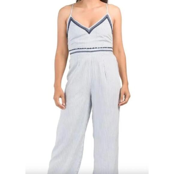Japna Sleeveless V-Neck Stripe Jumpsuit Size XS Nautical Coastal Beach Preppy - Picture 1 of 7